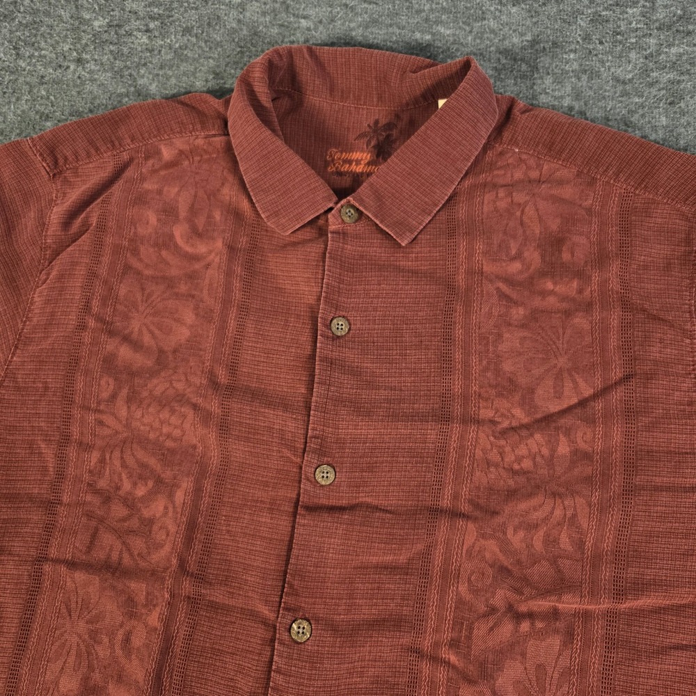 Tommy Bahama Shirt Mens XL Rust Red 100% Silk Floral Embroidered Short Sleeve